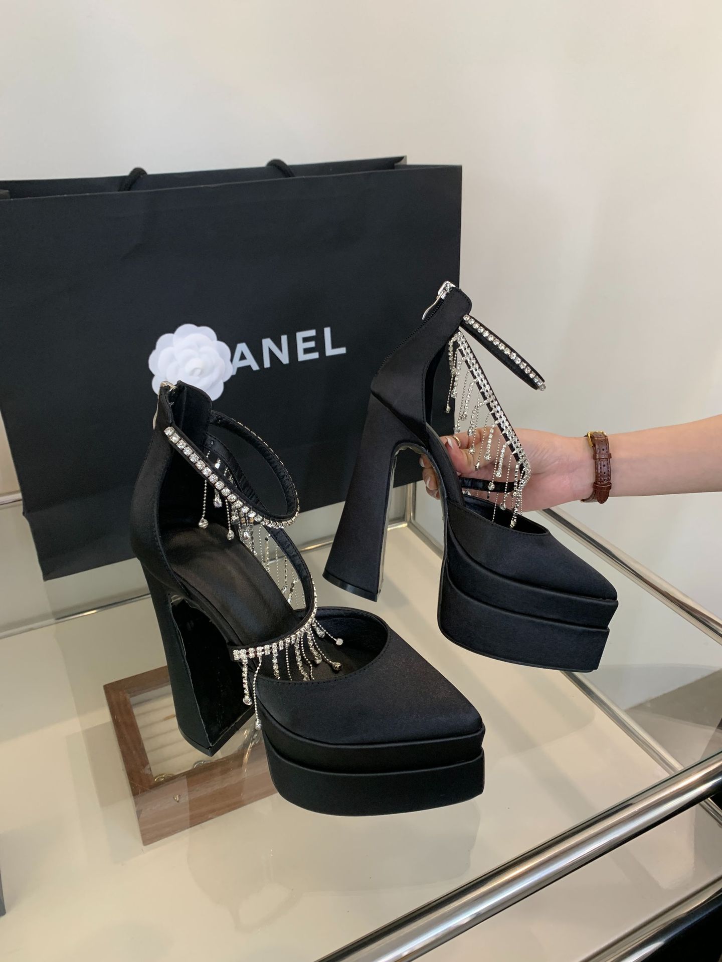 Sandal cao gót mũi nhọn đính đá lấp lánh gót 15 cm — Màu đen chi tiết 6