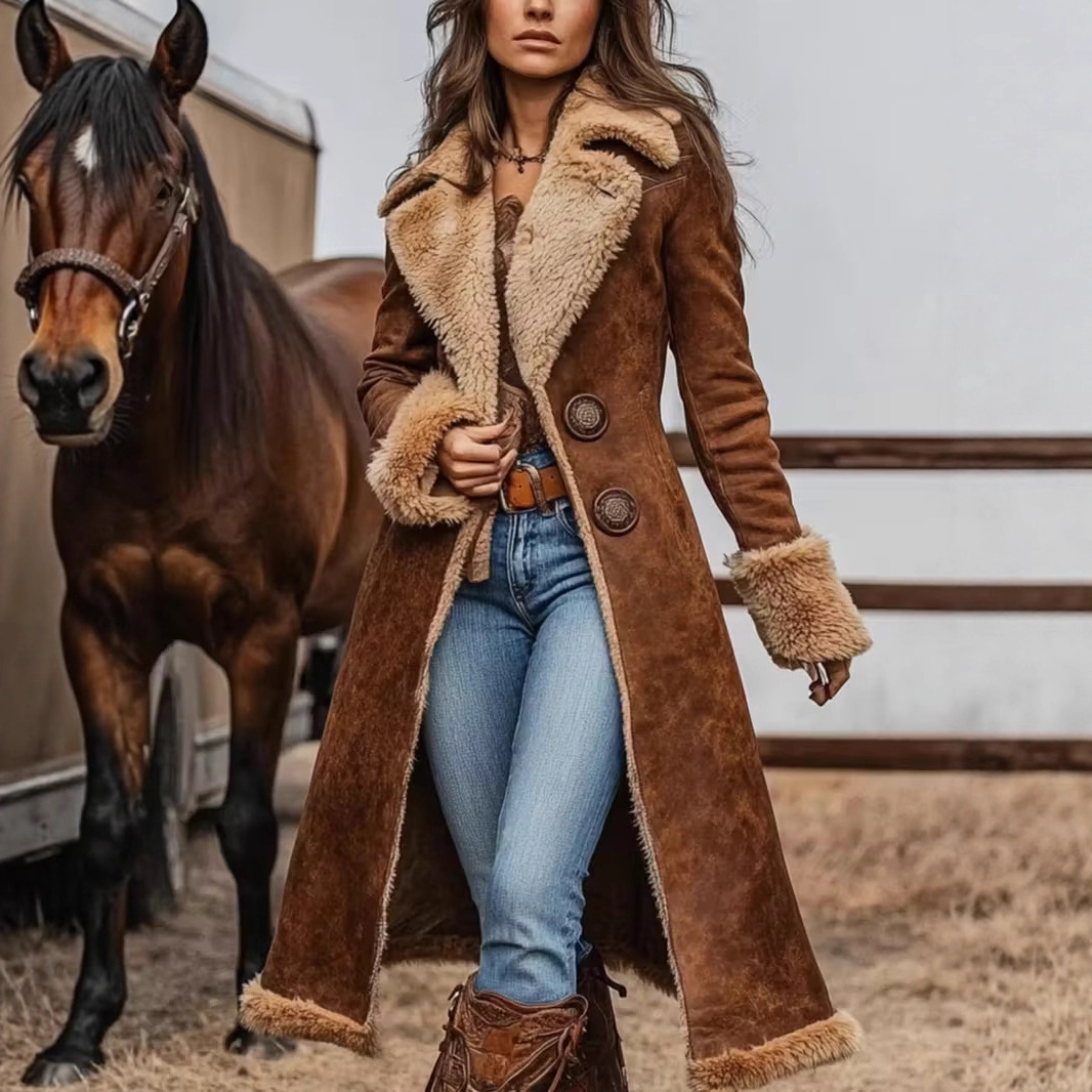 亚马逊跨境欧美牛仔女式西部复古风衣毛绒春夏时尚保暖外套大衣