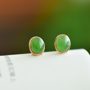 Fubei Diamond Jewelry [925 Silver Inlaid with Natural Hetian Jasper Egg Surface Earrings] Jade Stone Is Warm and Delicate