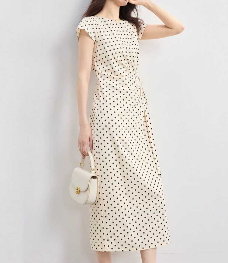Đầm maxi nữ tay ngắn họa tiết chấm bi phong cách Pháp, eo xếp li buộc dây — Điểm đen Apricot Bottom chi tiết 5
