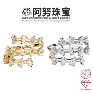 定制 D色水滴VVS1莫桑石花环戒指银镀金订婚戒指女高级感不可调节