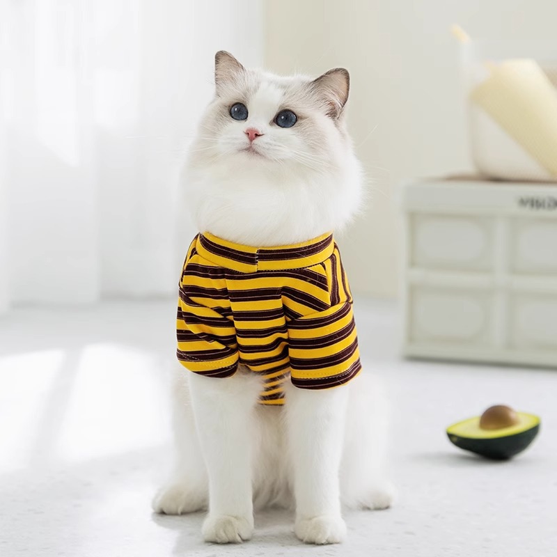 Ropa de dos pies a rayas finas de primavera y verano para gatos