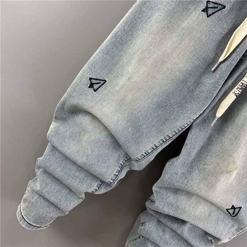 Men's Jeans Embroidery Trendy Pockets Personalized Elastic Waist Versatile Harlan Casual Pants_voghion.com