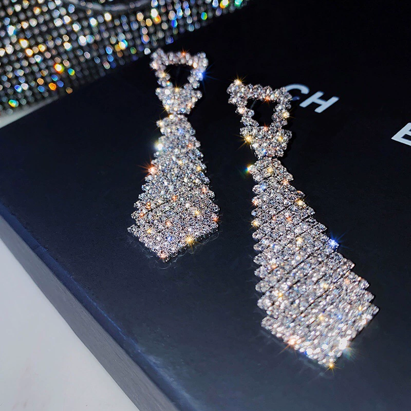 Tie, fashionable earrings, silver 925 sample, European style, diamond encrusted