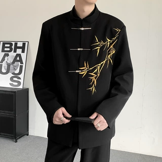 图片重拍秋冬立领新中式竹子中山装西服结婚登记垫肩西装外套胖子