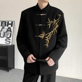 图片重拍秋冬立领新中式竹子中山装西服结婚登记垫肩西装外套胖子