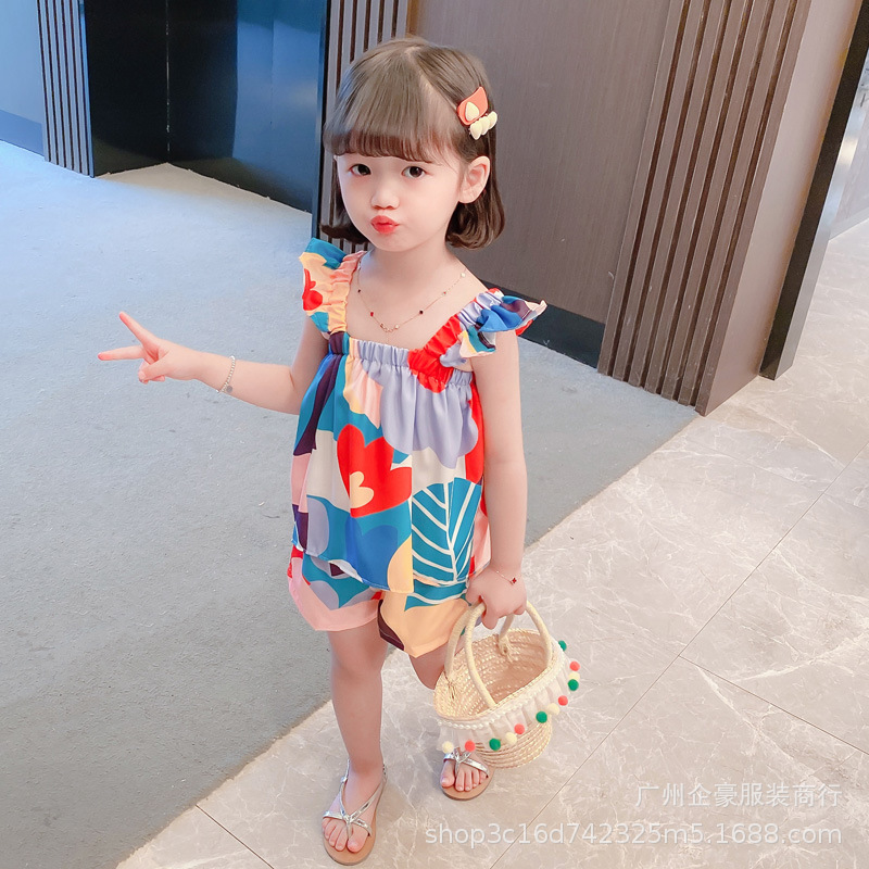 夏季韩版中小童无袖短裤两件套儿童套装女童薄款宝宝夏天碎花衣服