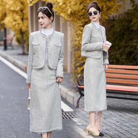 法式小香风羊毛呢套装女2025年秋冬新款感气质半身裙两件套