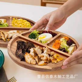 跨境木质餐盘家用早餐分格盘蔬菜沙拉熟食水果盘圆形点心早餐木盘