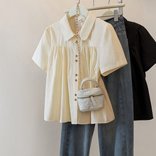大码女装法式短袖衬衫夏季2025mm新款显瘦微胖遮肉上衣短款