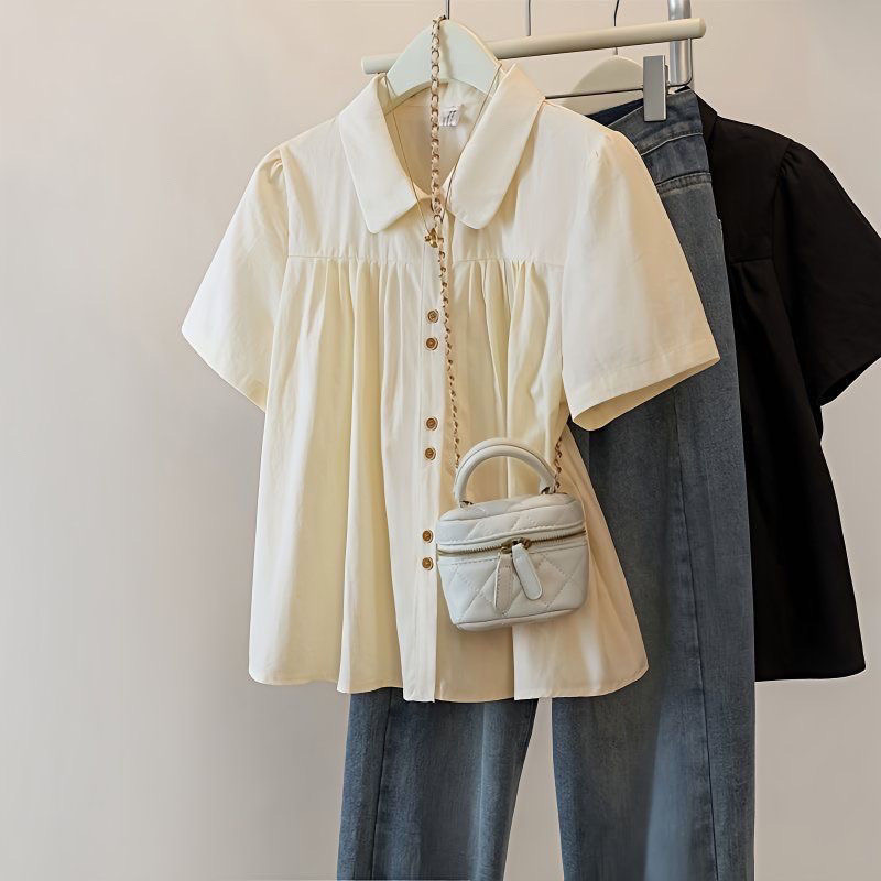 大码女装法式短袖衬衫夏季2025mm新款显瘦微胖遮肉上衣短款