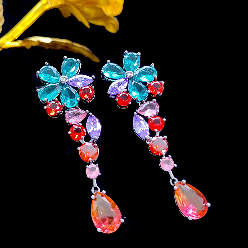 Flower Pattern 1 Pair Exaggerated Flower Inlay 925 Sterling Silver Copper Zircon Drop Earrings