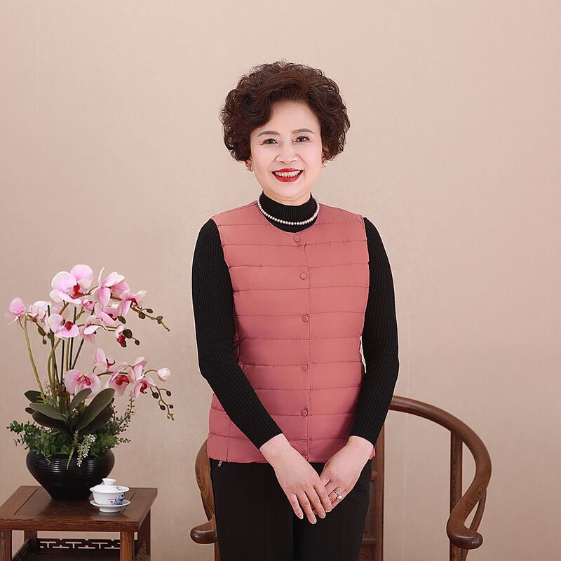 Middle-aged and Elderly Vest Mother Lightweight Round Neck Down Jacket Liner Down Vest Women's plus size Warm Waistcoat Vest