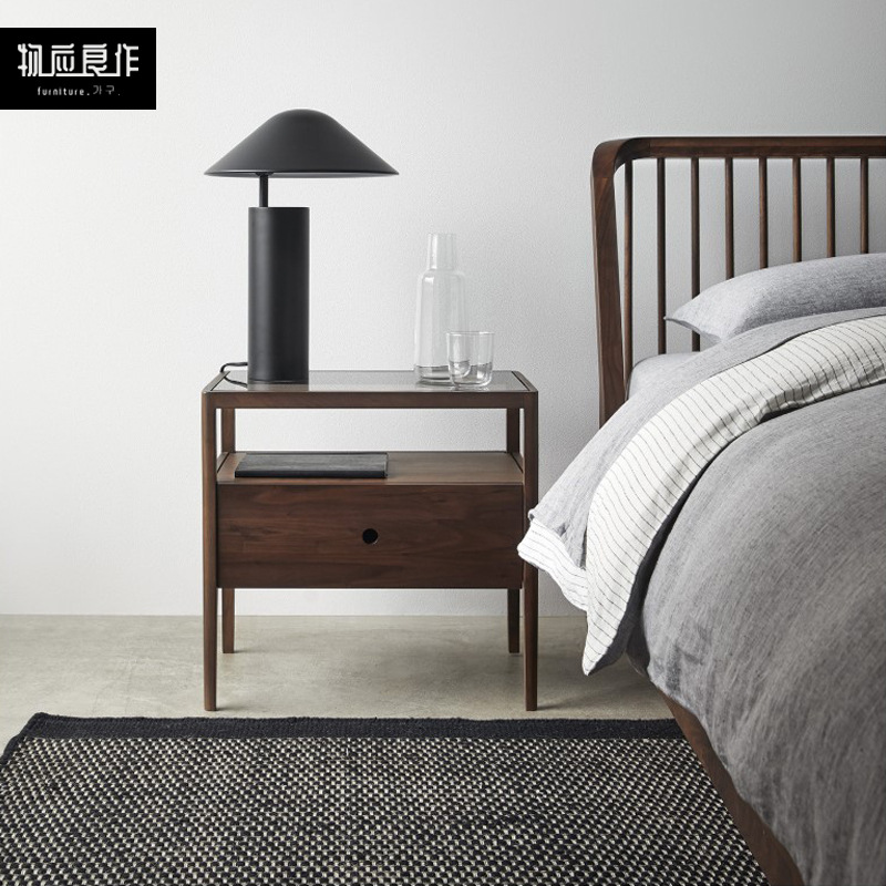 北歐全實木床頭櫃黑胡桃木床邊收納儲物櫃北歐簡約臥室橡木小櫃子
