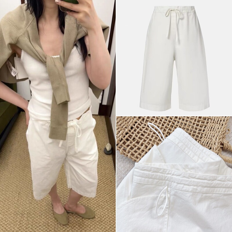 HOUSE26 Autumn/Winter Minimalist Casual Style Washed Cotton Wide-Leg Women's Bermuda Drawstring Pocket Cropped Shorts