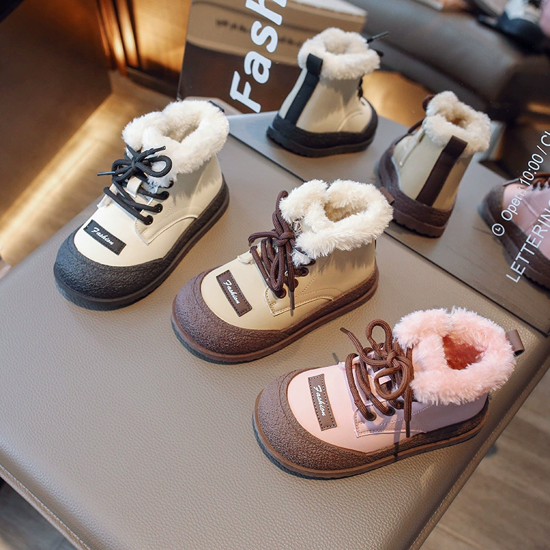 Зимние сапоги для девочек, новинка зимы 2024, детская большая хлопковая обувь, утолщенная водонепроницаемая осенне-зимняя обувь на флисовой подкладке с интегрированным мехом