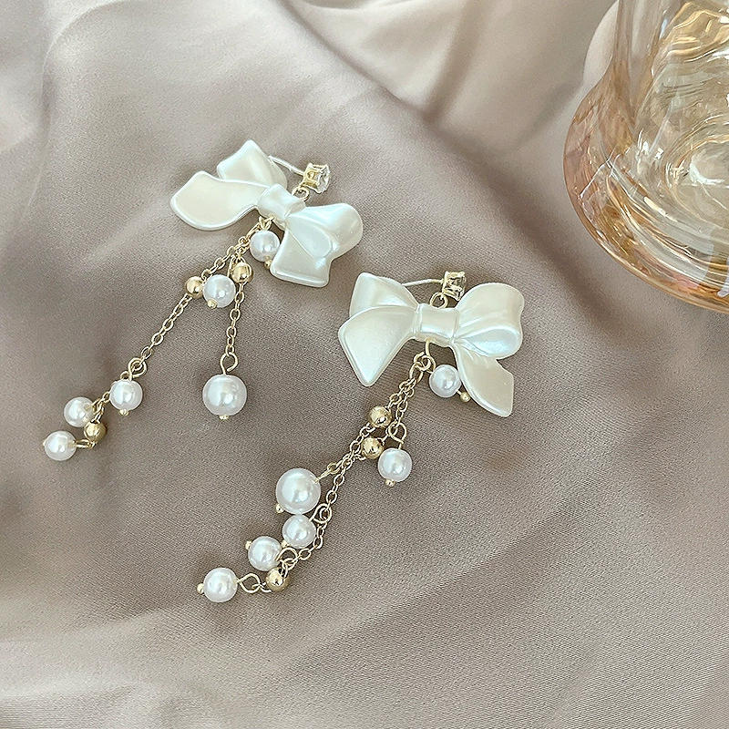 Серебряная игла из жемчуга, длинные милые серьги с бантом и кисточками, серебро 925 образец