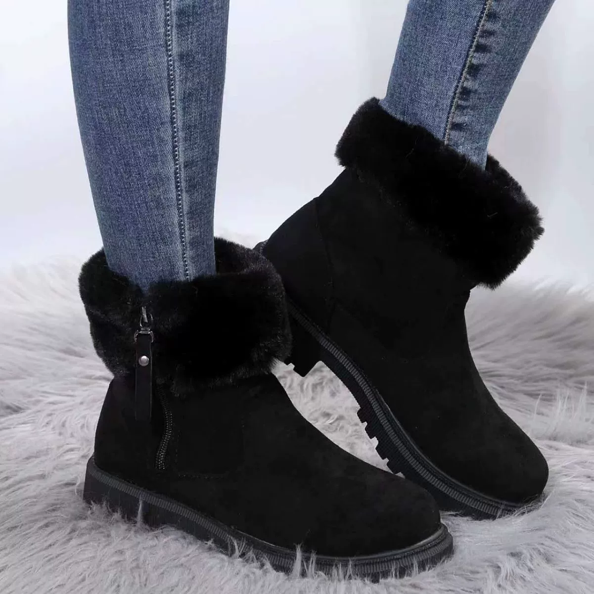 Women’s winter ankle boots, warm faux‑fur cuff, chunky tread sole, sizes 36–42