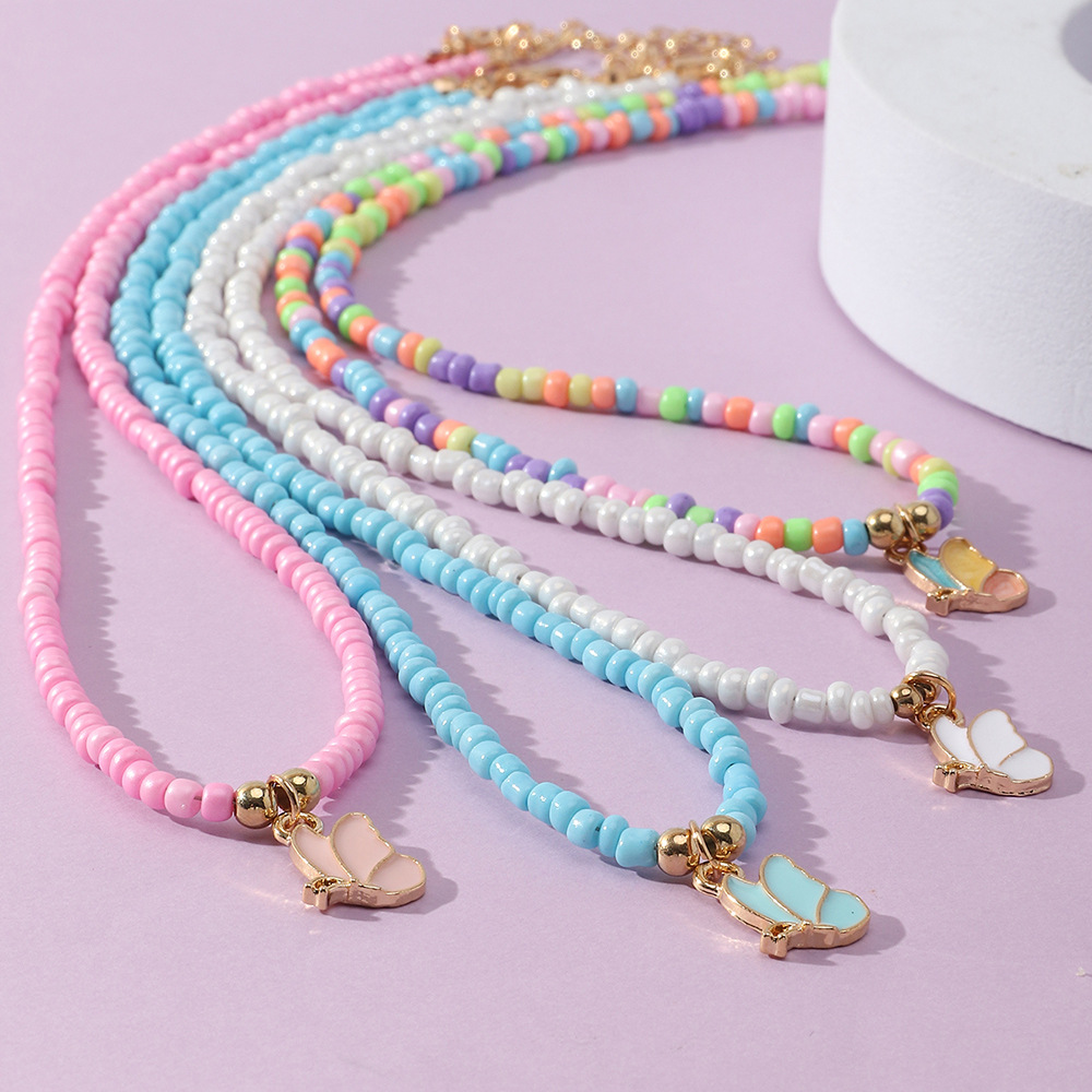 2022 New Bohemian Style Colorful Bead Butterfly Pendant Childrenu0027s Necklace Set