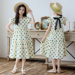 中大童女童連衣裙夏季短袖波點裙子2024韓版新款兒童小女孩度假裙