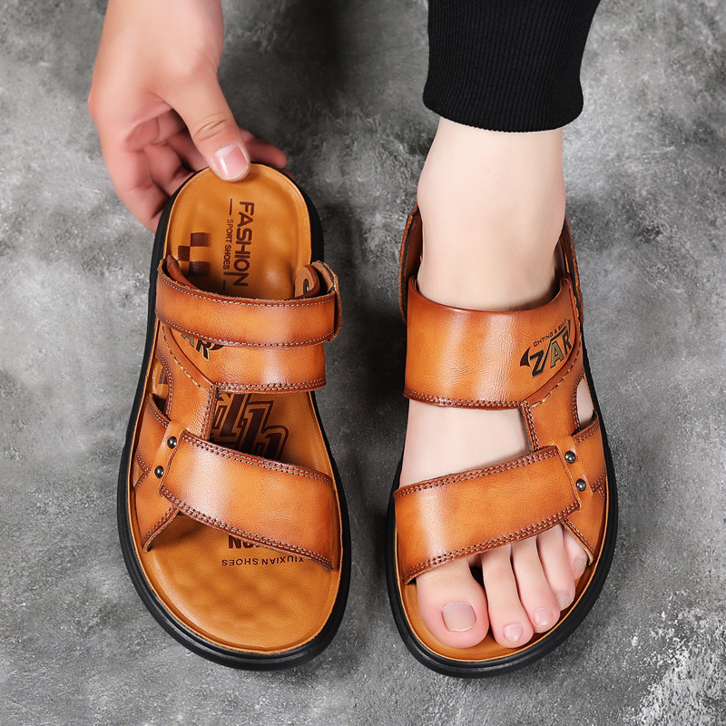 Primera capa de piel de vaca verano sandalias de los hombres de cuero genuino de los hombres zapatos de playa casuales papá zapatillas de cuero transpirable zapatos de los hombres suaves