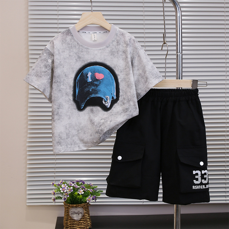 7247 Traje de manga corta para niños 2025 verano nuevo estilo Baby Net Red Fried Street Shorts Dos piezas Ropa para niños pequeños y medianos