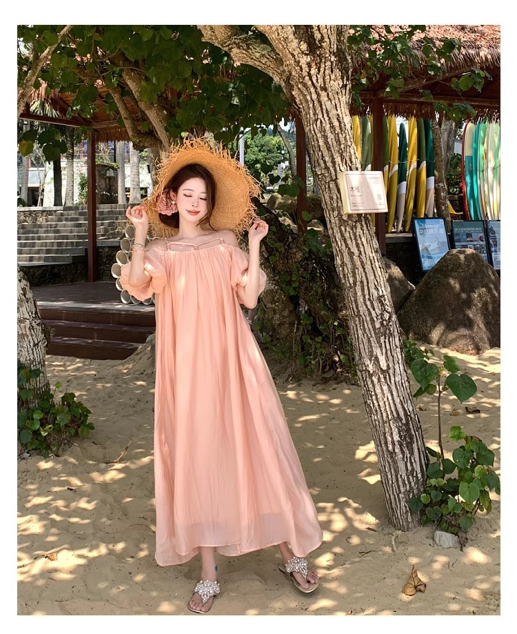 Off Shoulder Short Sleeve Vacation Dress For Summer Holidays_voghion.com