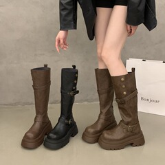 复古皮带扣长筒靴女2025新款秋季厚底百搭增高马丁靴子裤管骑士靴