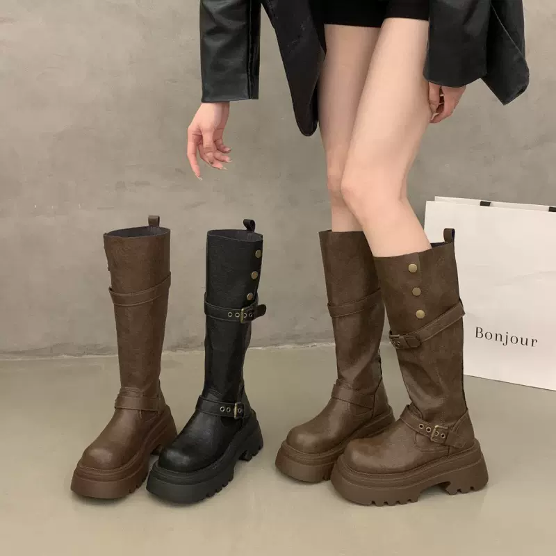 复古皮带扣长筒靴女2025新款秋季厚底百搭增高马丁靴子裤管骑士靴