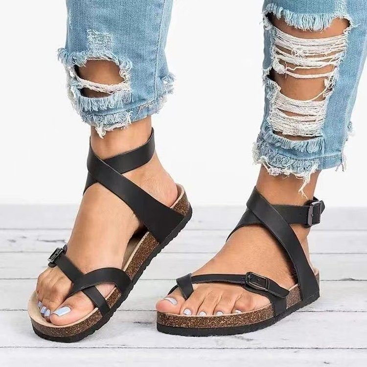 Large size flat bottomed beach sandals, women's straight line buckle toe loop, solid color casual fish mouth sandals_voghion.com