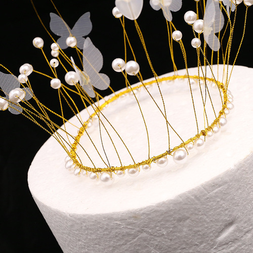 Original cake decoration baking fresh flowers decorative pieces pearl gauze butterfly round white pink crown birthday scene head ornament