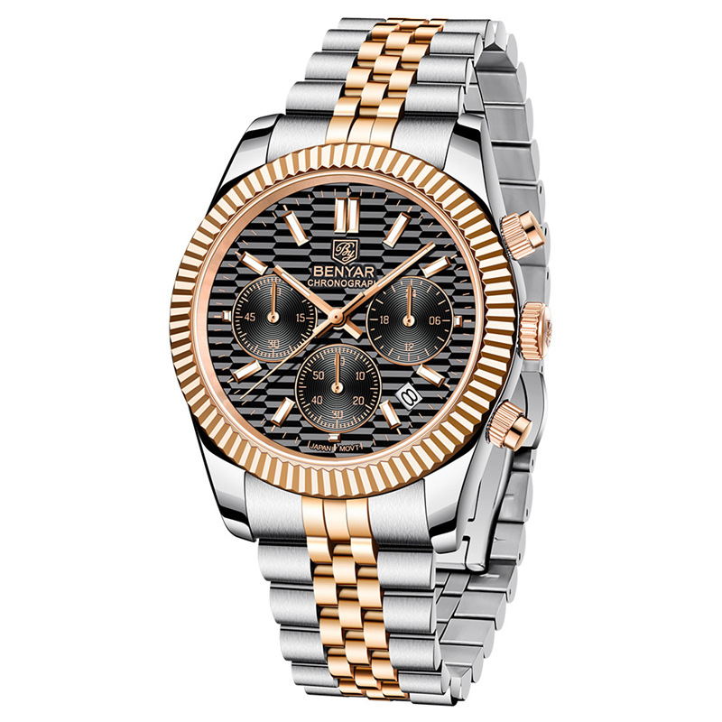 Binya benyar reloj de cuarzo de acero fino multifuncional para hombre de seis Pines de acero fino de moda luminoso impermeable calendario reloj de hombre S001