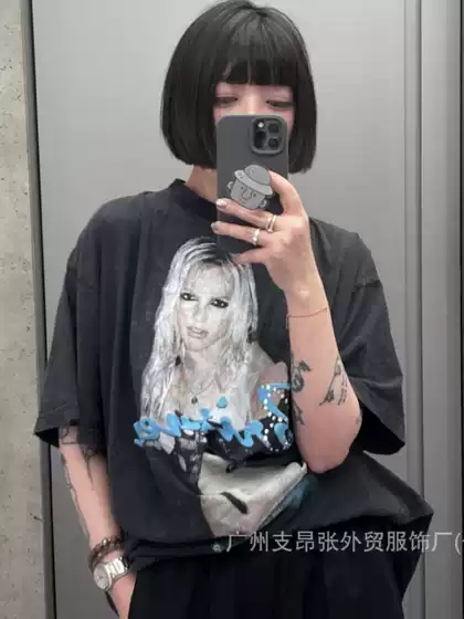 Balenciaga Paris High-Quality 2025 New Limited Music Collection Front & Back Printed Crystal Rhinestone Wash Distressed Short-Sleeve T-Shirt