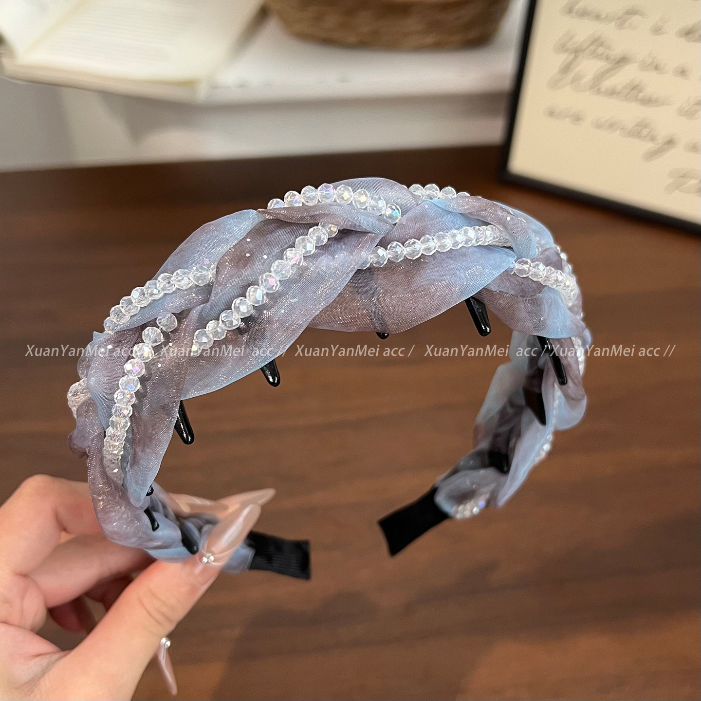 Ombre gray and blue mesh string crystal twist headband