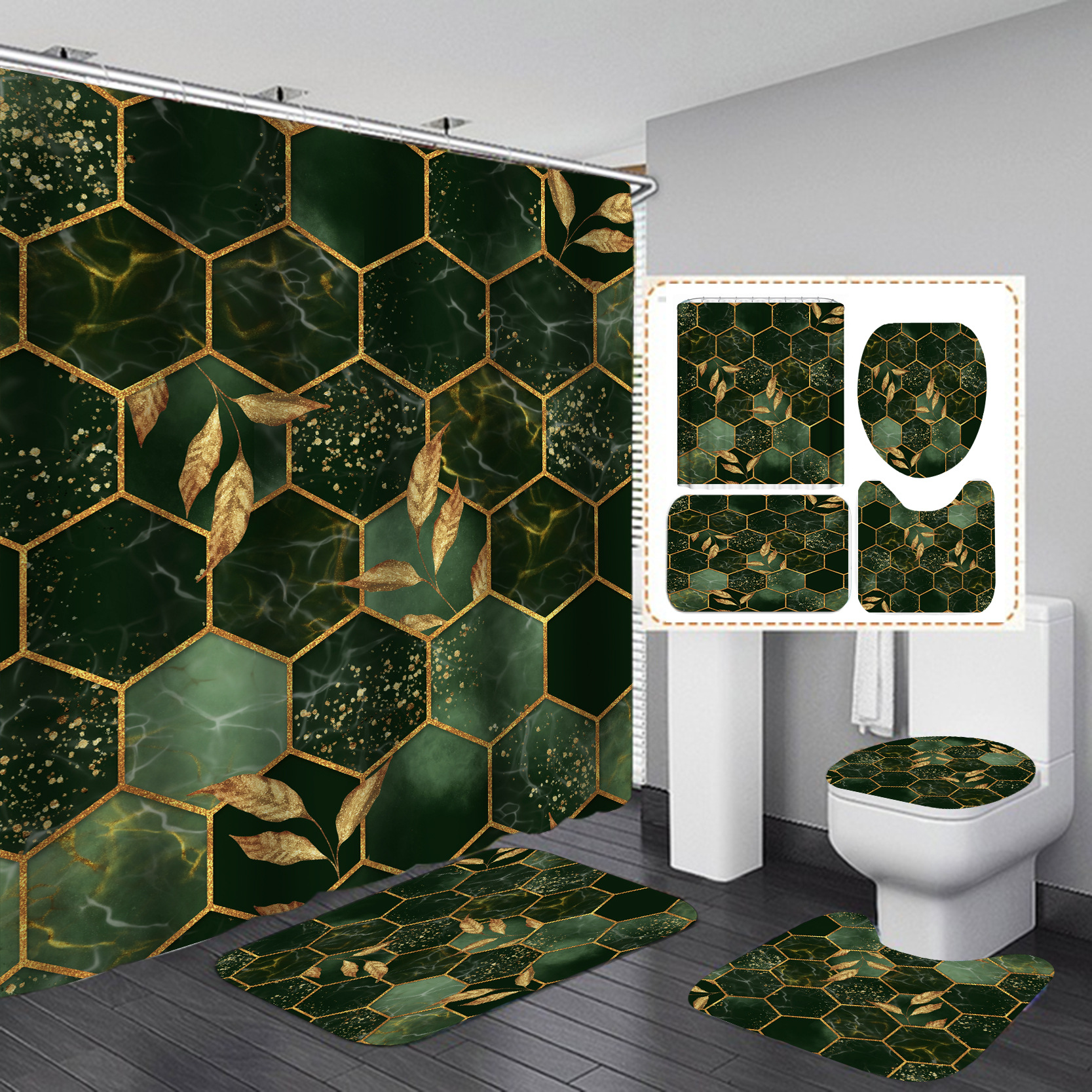 Comercio electrónico transfronterizo HD impresión digital geométrica textura de mármol baño cortina de ducha fuente de entrega cortina de ducha conjunto de cuatro piezas