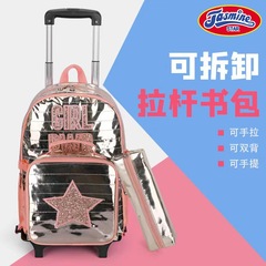 Korean PU Leather Universal 17-inch Detachable Wheeled School Bag Set of Three for Girls and Boys with Embroidery