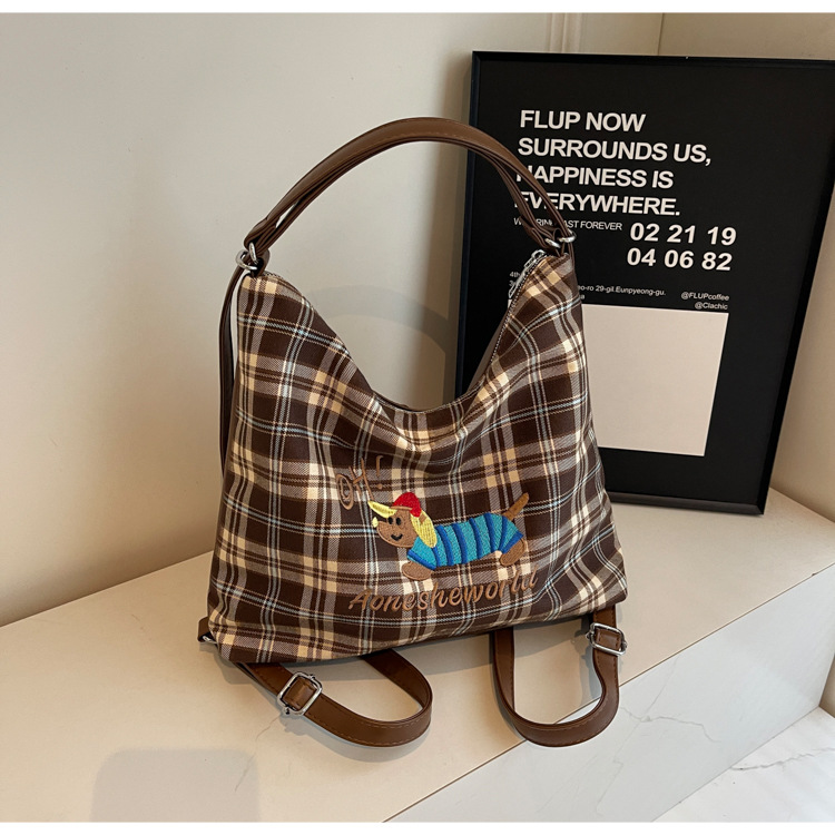 New Super Hot Large Capacity Women's Cute Sausage Dog Plaid Shoulder Autumn/Winter Versatile Fashion Simple Tote Bag_voghion.com