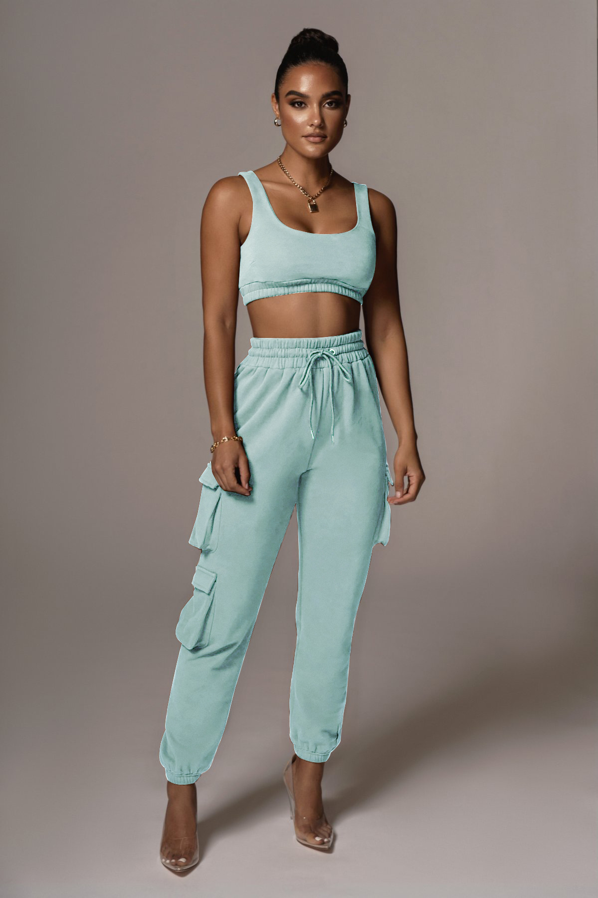 Casual Solid Color Pockets Tie-Up Sports Pants NSHT64348