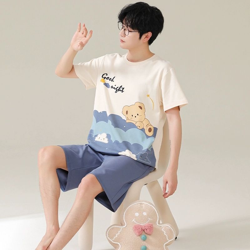 2025 New Pajamas for Men, Spring & Fall Cartoon Long-Sleeved Round Neck Pullover, Teenagers Can Wear Home Clothes Set
