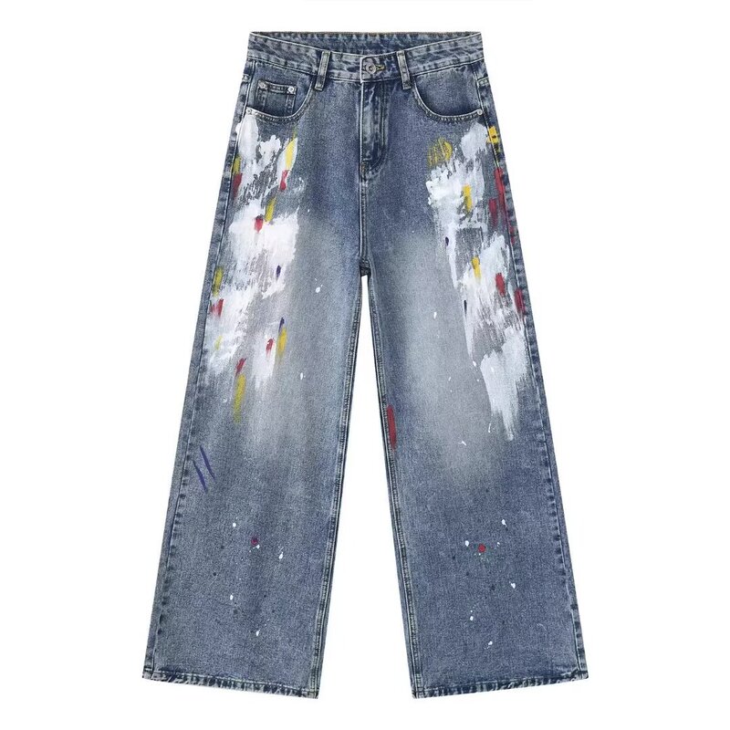 Star EAT Graffiti Paint Dot Loose Jeans Men's Fashion Brand Washed American Style Wide Leg Pants 2024 New