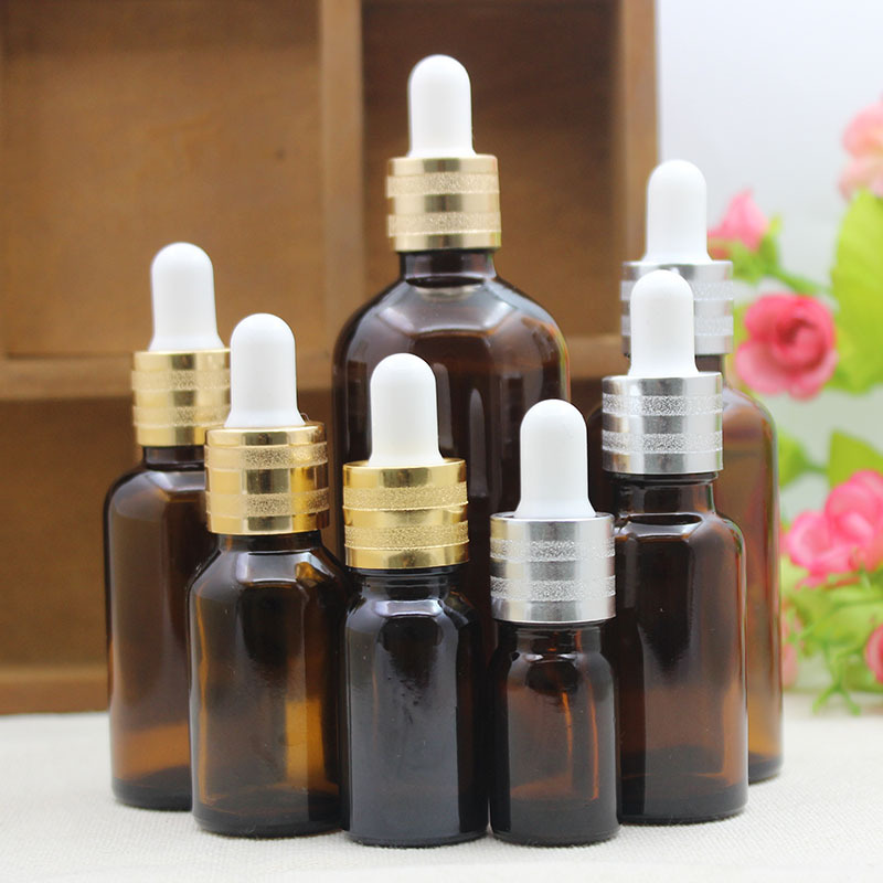 茶色玻璃精油瓶化妆品调配瓶滚砂圈白胶头滴管分装空瓶子5-100ml