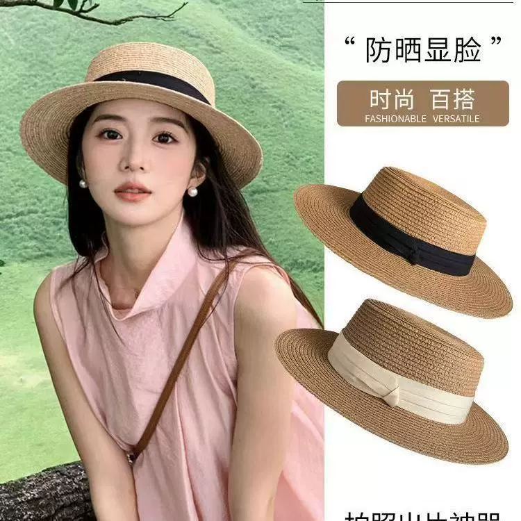 赫本风法式平顶草帽女夏季大帽檐遮阳防晒帽海边度假沙滩太阳帽子