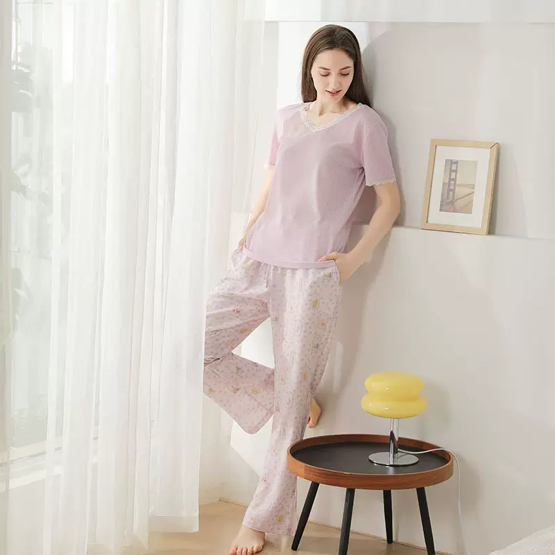【定制】2023新款睡衣夏季女蕾丝短袖薄款分叉裤兔子家居服时尚
