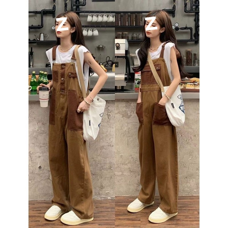 美式复古牛仔背带裤女夏季ins新款宽松高腰连体拖地直筒阔腿裤子|undefined