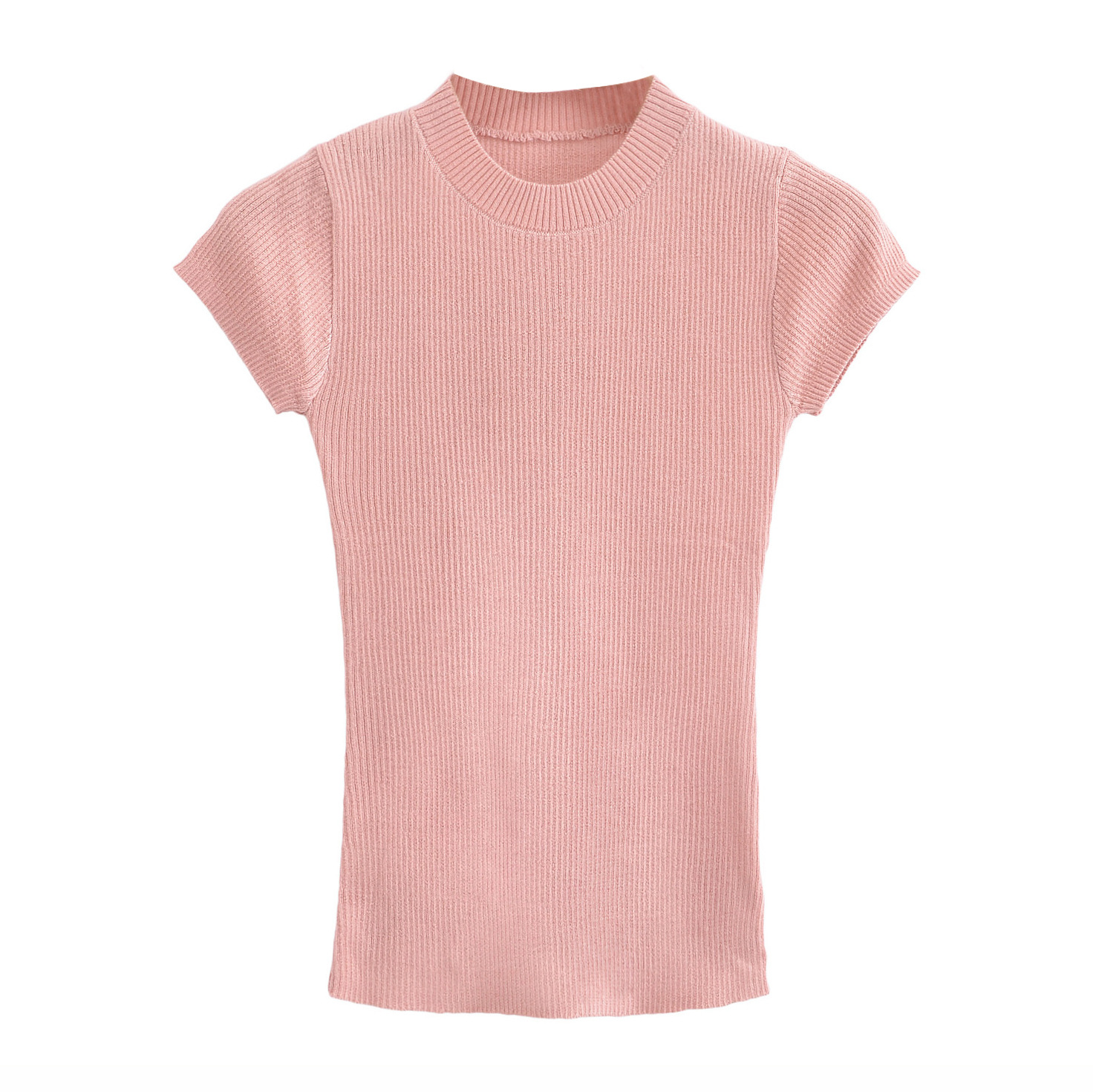 Base knitted elastic solid color summer T-shirt with a round collar