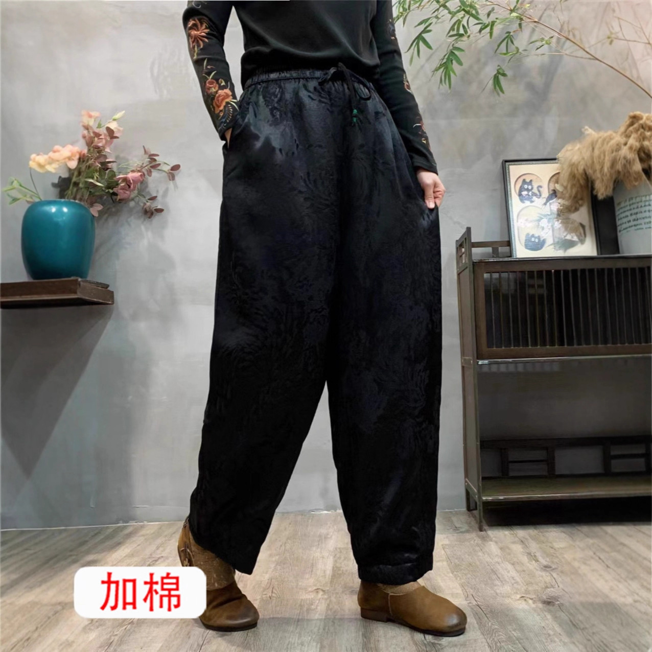 2024冬季缎面宽松加棉九分裤提花宽松高腰女士保暖棉裤