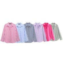 跨境外贸女装2025春夏季欧美风休闲翻领长袖条纹衬衫上衣女M56738