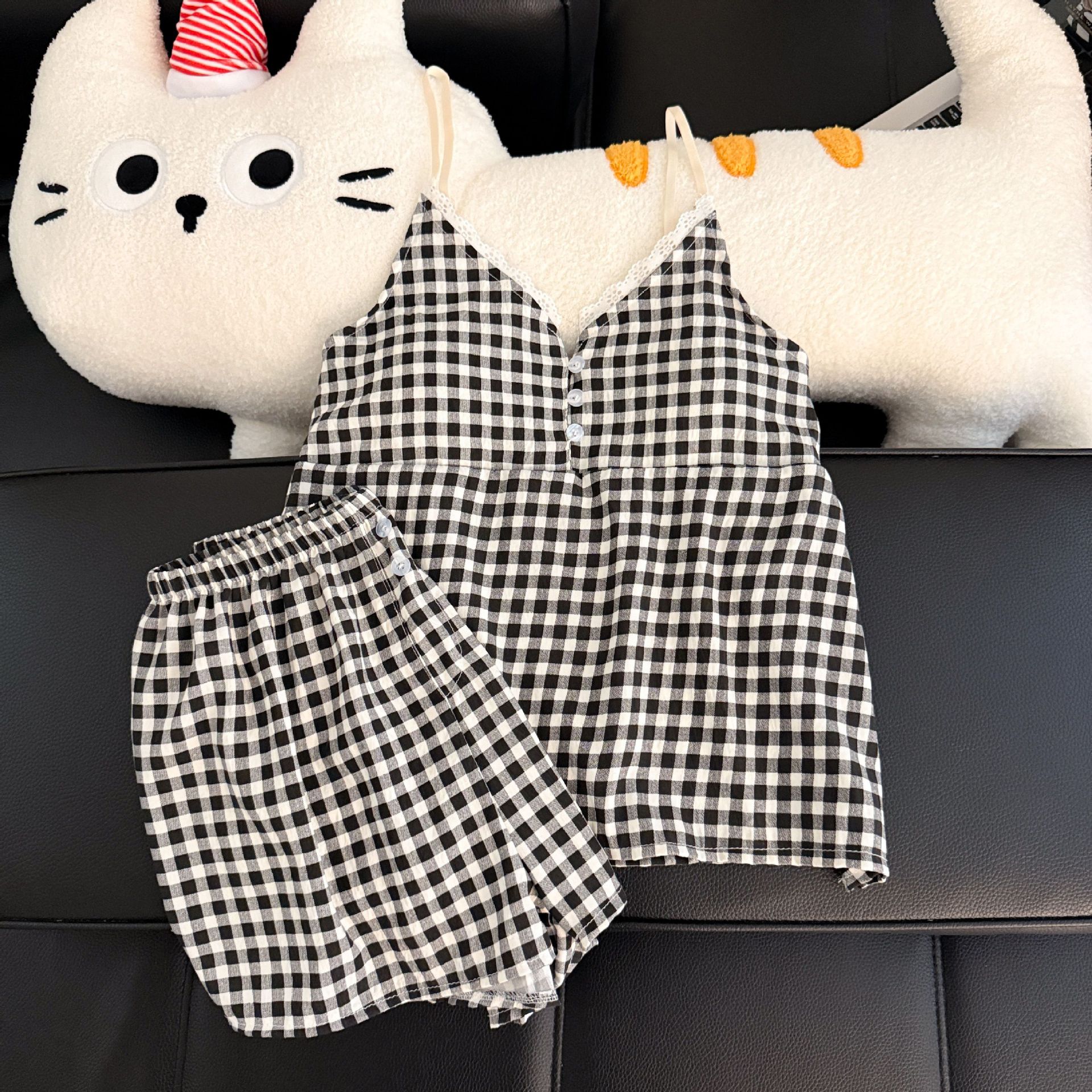 Pantalones cortos con cojín de pecho al por mayor transfronterizo pijamas de verano nuevo algodón nublado dulce conjunto de ropa de casa a cuadros