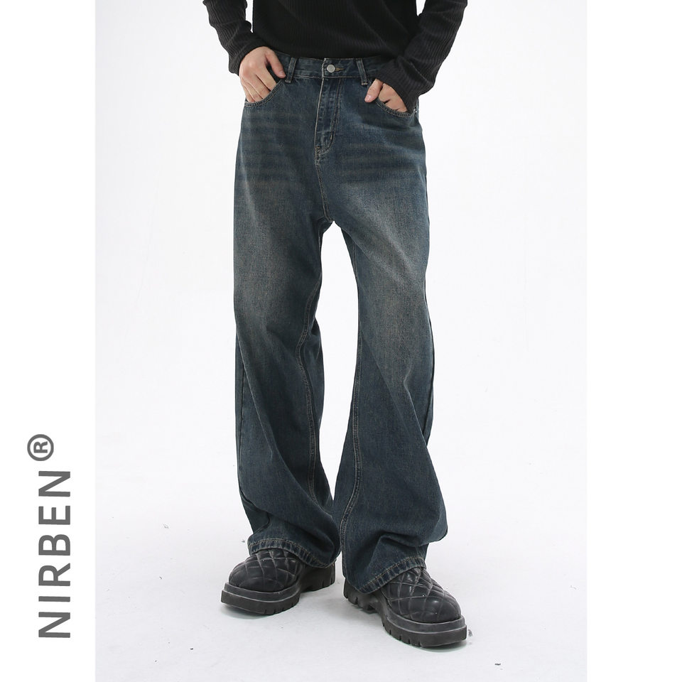 Quần jean nam ống rộng dáng suông cạp vừa vải denim xanh giặt nhẹ — Màu xanh lam