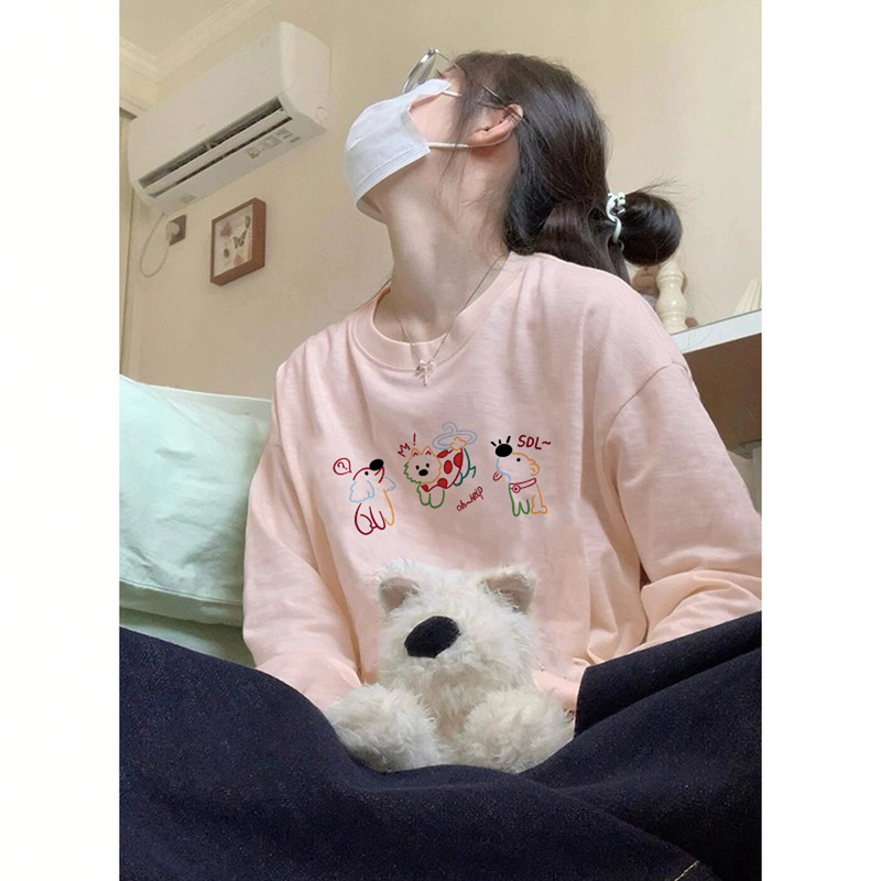 Korean-style pink pure cotton long-sleeve t-shirt for women, spring/autumn base layer, loose fit 100kg casual sweet student top Korean-style pink pure cotton long-sleeve t-shirt for women, spring/autumn base layer, loose fit 100kg casual sweet student top